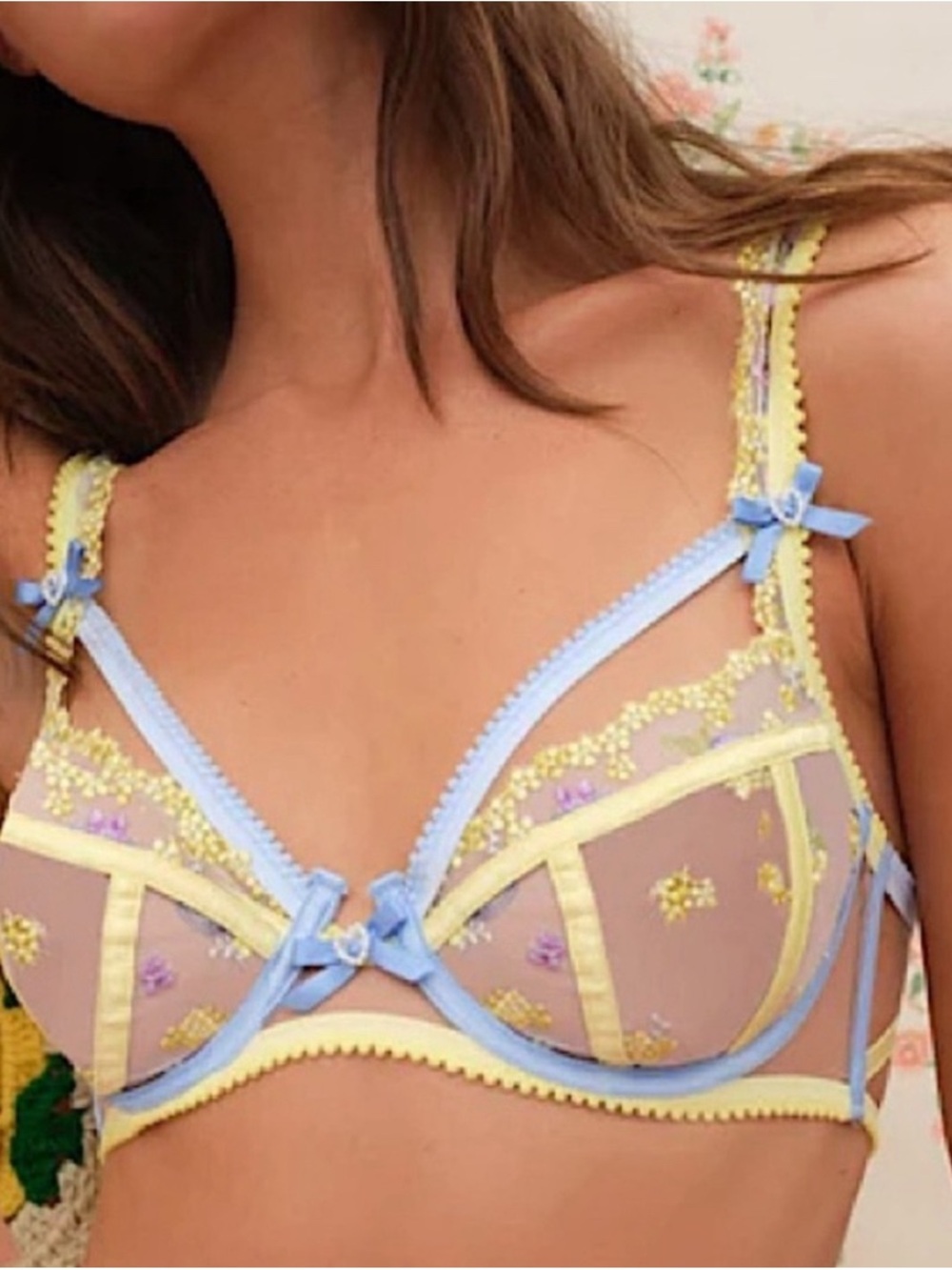 For Love And Lemons Pastel Yellow & Baby Blue Sheer Floral Underwire Bra